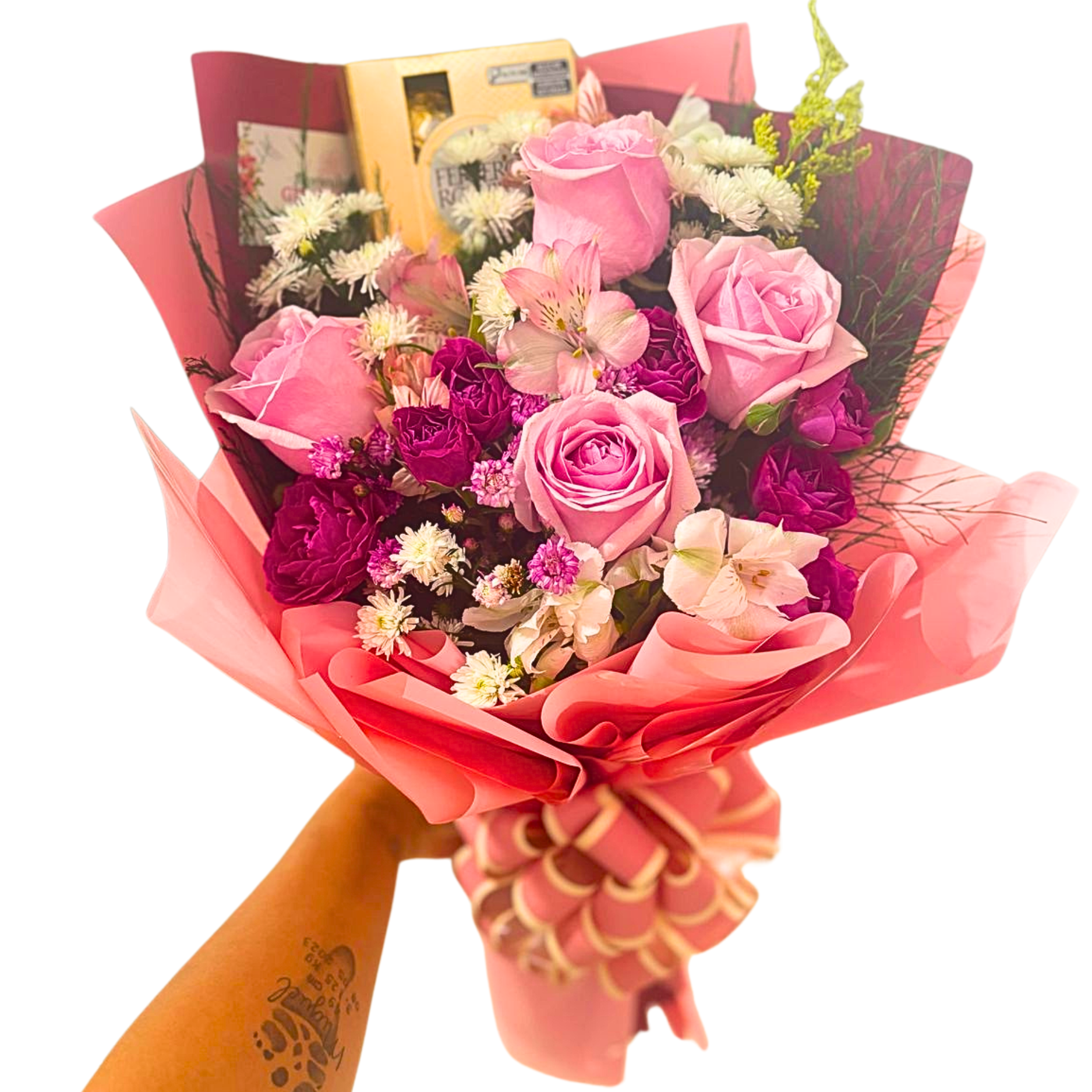 Buqu 4 Rosas cor de Rosa e 4 Ferrero Rocher