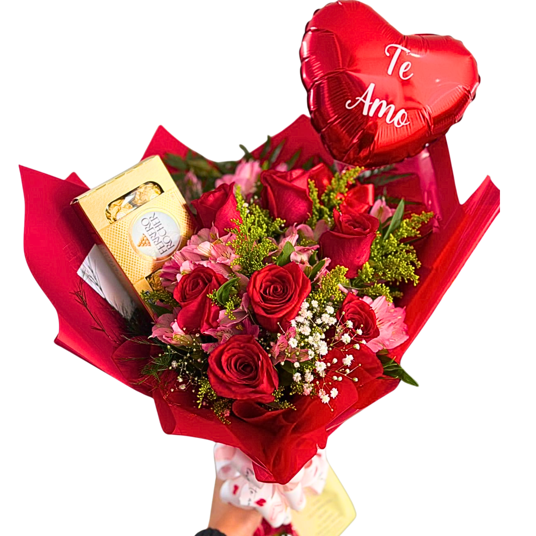 Buqu� 7 Rosas vermelhas Ferrero Rocher 8 unidades e Bal�o Te amo