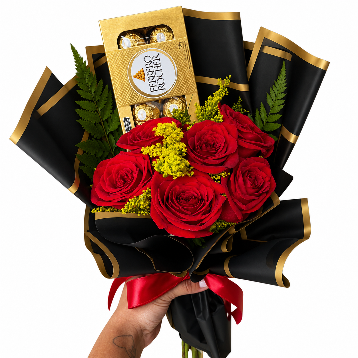 Cole��o Love - Buqu� 6 rosas vermelhas Colombianas e Ferrero Rocher T8