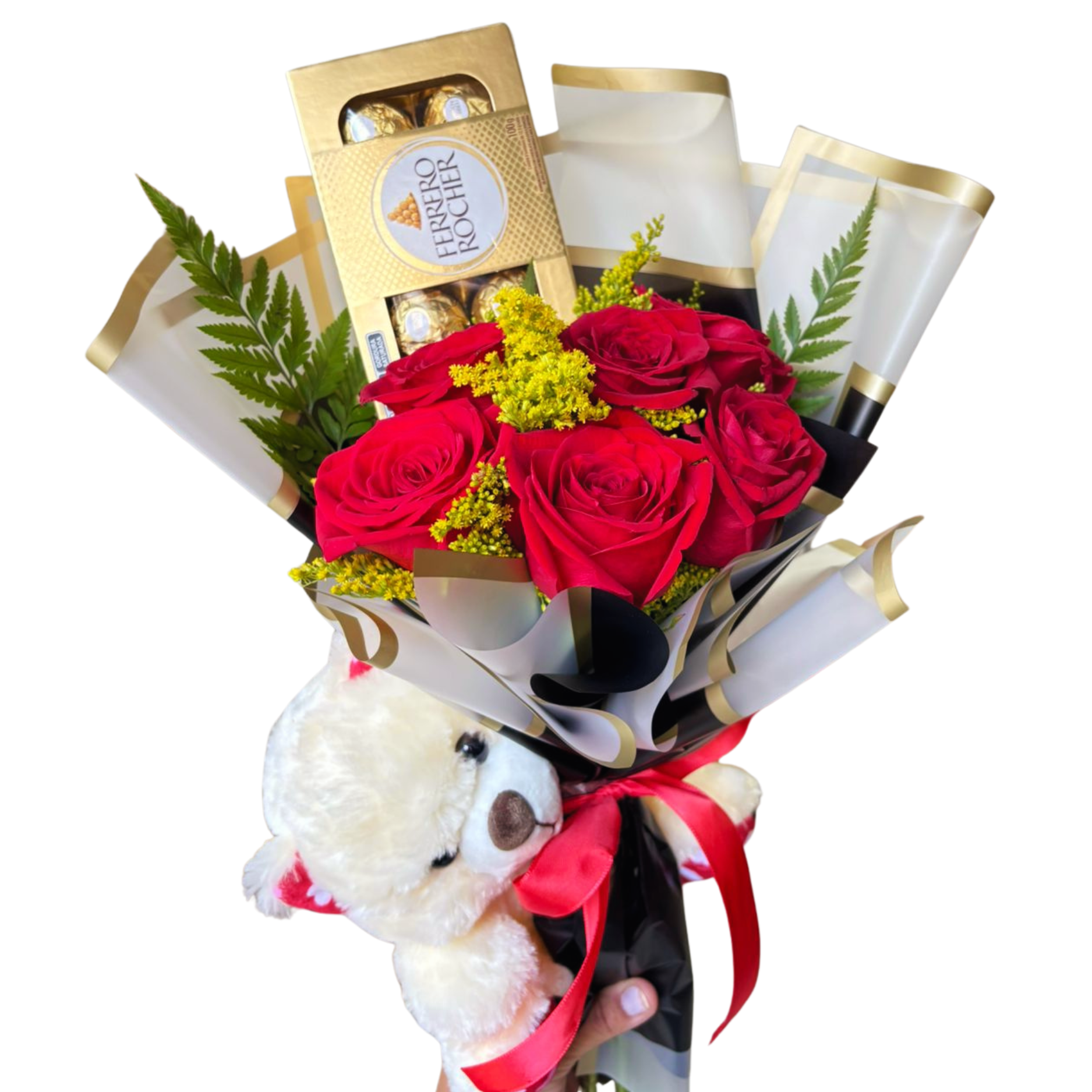 Cole��o Love - Buqu� 6 rosas vermelhas Colombianas e Ferrero Rocher T8 e Pel�cia Pequena