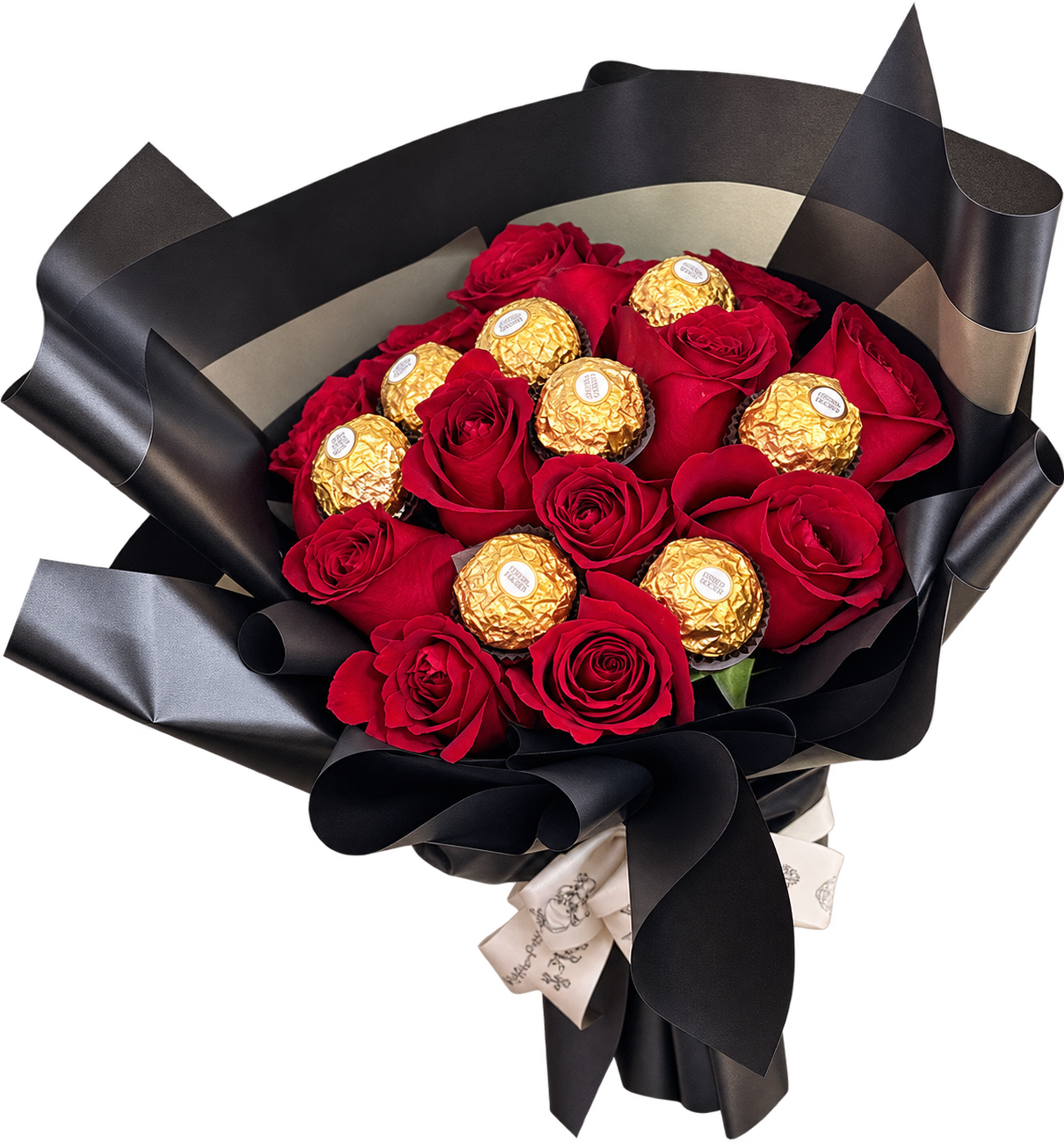 Buqu� Luxuoso de 12 Rosas vermelhas e 8 Ferrero Rocher
